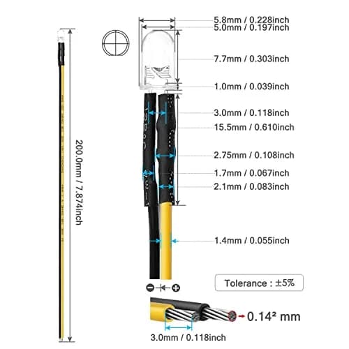 CHANZON Pre-Wired 5mm Yellow LED Diode Lights 20cm (0.79 inch) | 12V DC, 20mA, 0.24W, 1500-2000mcd thumbnail 3