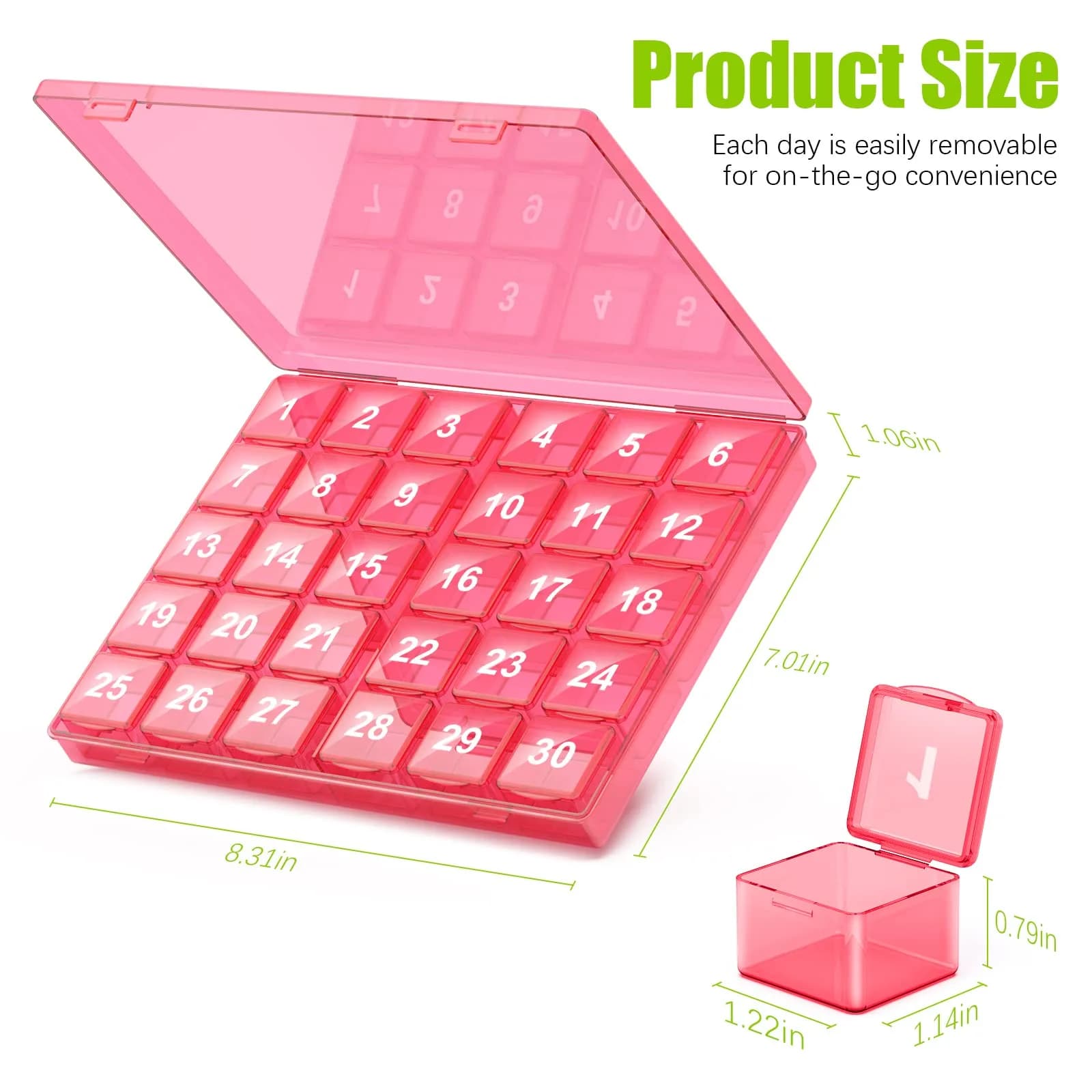 DOHIMGIO 30-Day Pill Organizer Box with 30 Removable Daily Cases | Easy Open, Large Compartments, Portable for Travel - view 7