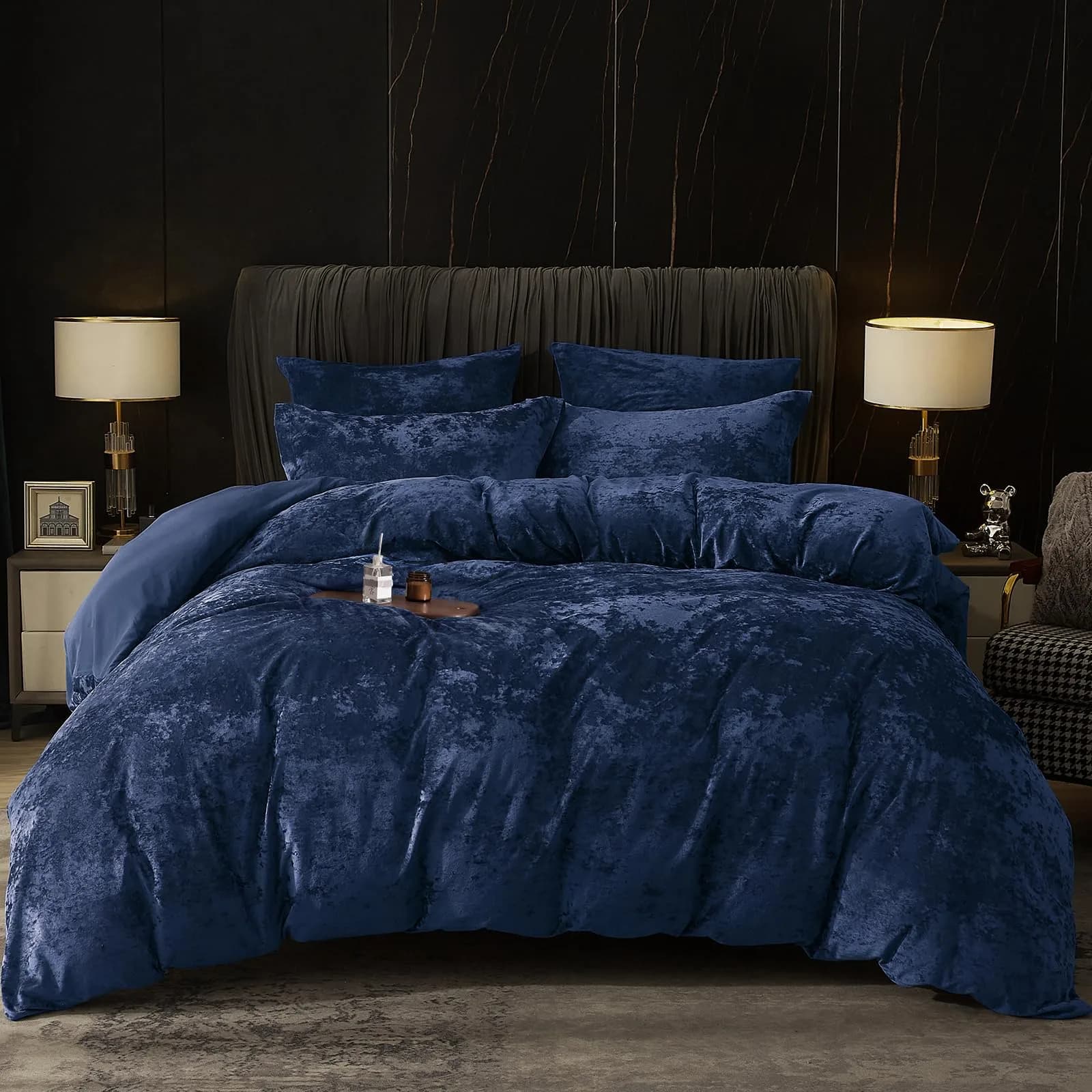 PHF Luxury Velvet Duvet Cover Set King Size | Ultra Soft Breathable Velvet & Microfiber (104" x 90") — Navy (No Comforter)