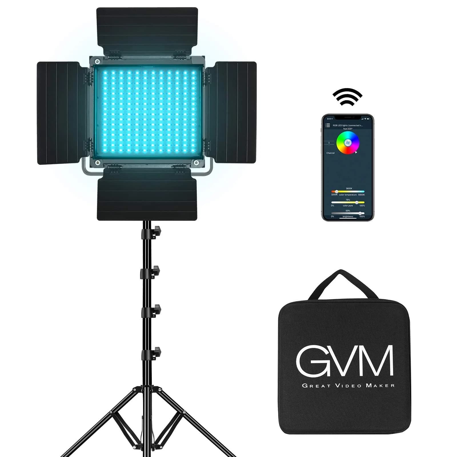 GVM RGB LED Video Light with Tripod Stand Barndoors | Dimmable RGB & Bi-color Studio Lighting Kit