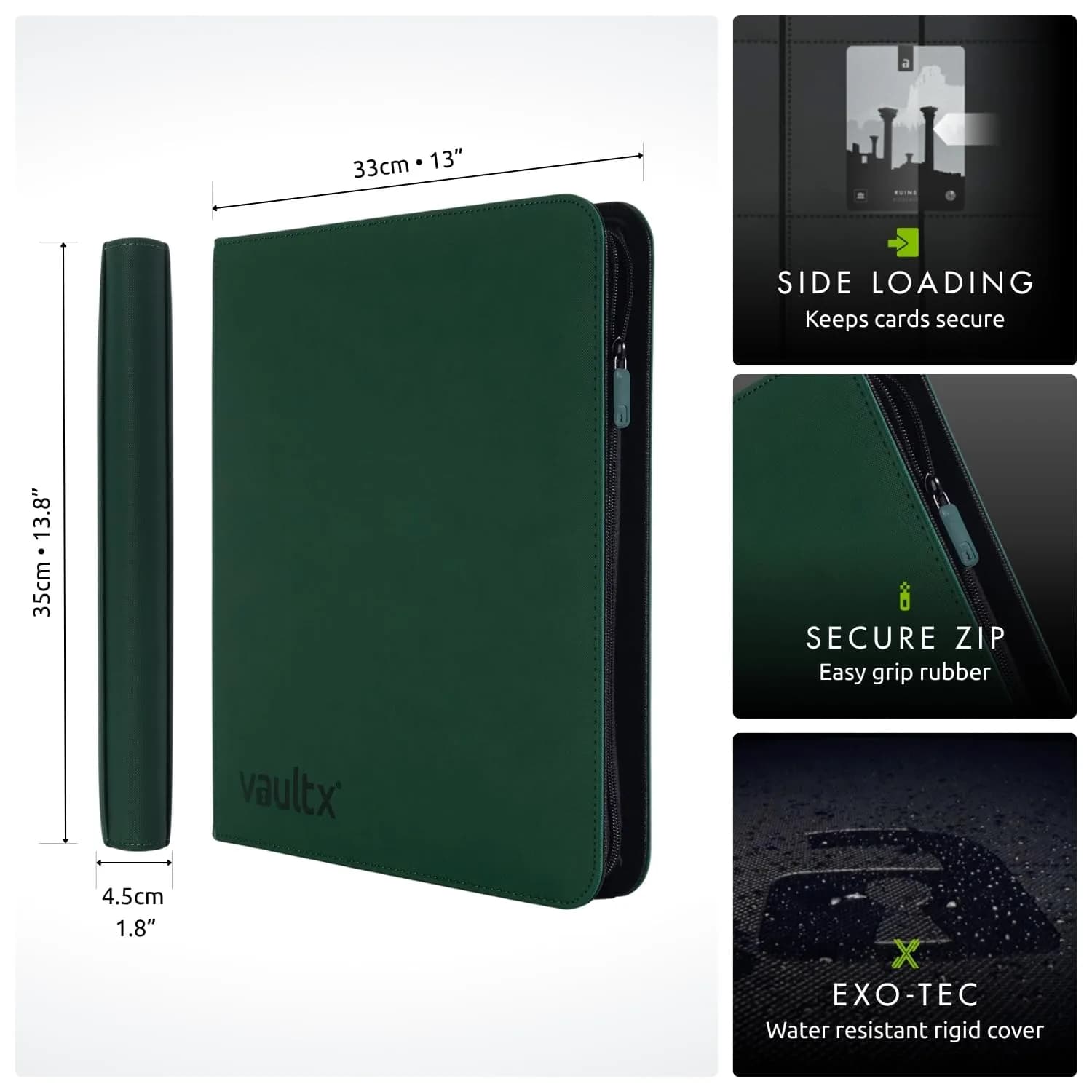 Vault X 12 Pocket Zip Binder with Exo-Tec Cover, 480 Cards, 20 Pages, Green | USA Imported Card Storage - view 2