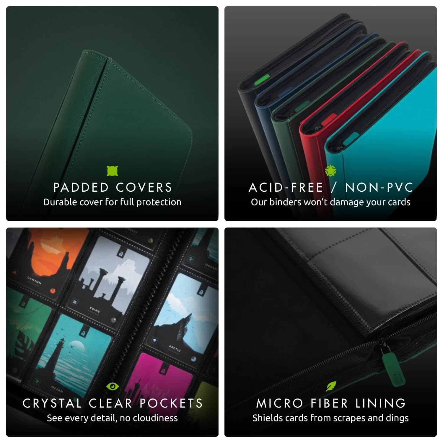Vault X 12 Pocket Zip Binder with Exo-Tec Cover, 480 Cards, 20 Pages, Green | USA Imported Card Storage - view 6