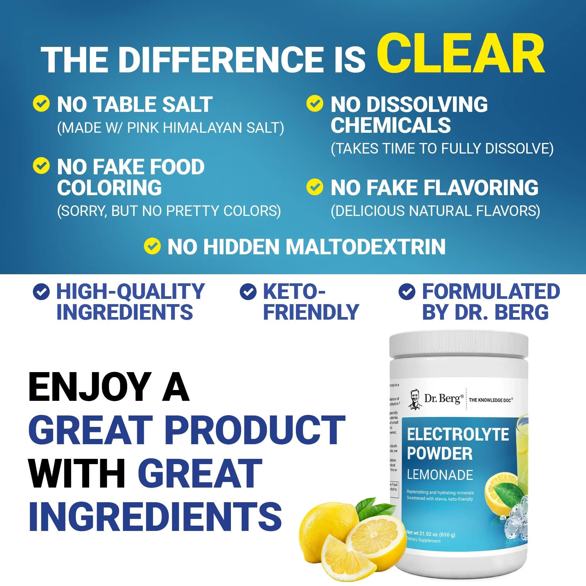 Dr. Berg Nutritionals Keto Electrolyte Powder Lemonade 1.38 lb (626 g) | Zero Sugar Hydration Drink Mix with 1000 mg Potassium - view 5