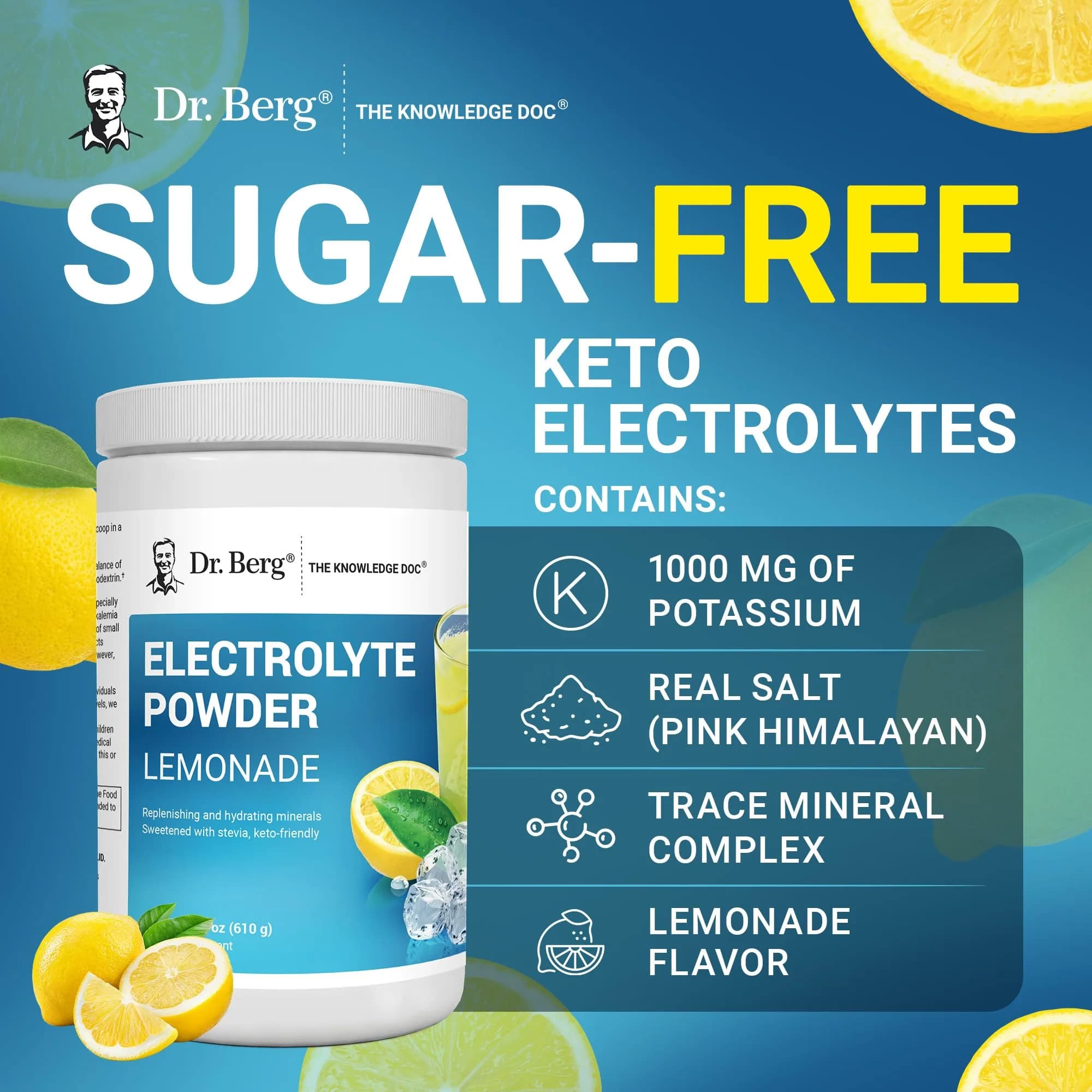 Dr. Berg Nutritionals Keto Electrolyte Powder Lemonade 1.38 lb (626 g) | Zero Sugar Hydration Drink Mix with 1000 mg Potassium - view 7