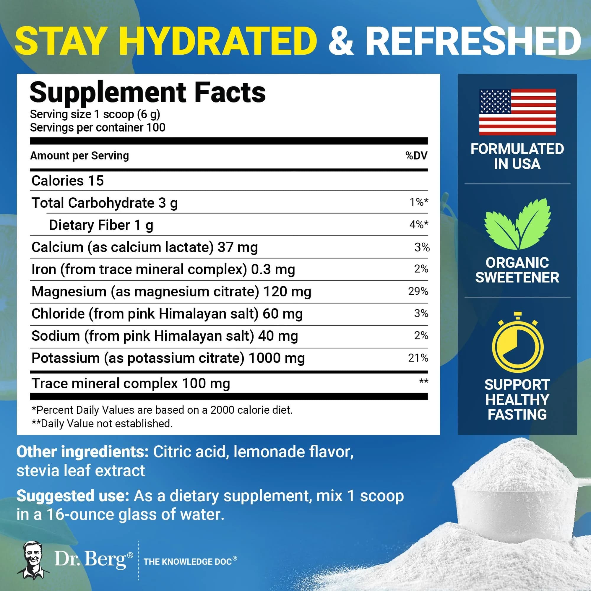 Dr. Berg Nutritionals Keto Electrolyte Powder Lemonade 1.38 lb (626 g) | Zero Sugar Hydration Drink Mix with 1000 mg Potassium - view 3