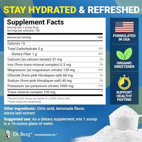 Dr. Berg Nutritionals Keto Electrolyte Powder Lemonade 1.38 lb (626 g) | Zero Sugar Hydration Drink Mix with 1000 mg Potassium thumbnail 3