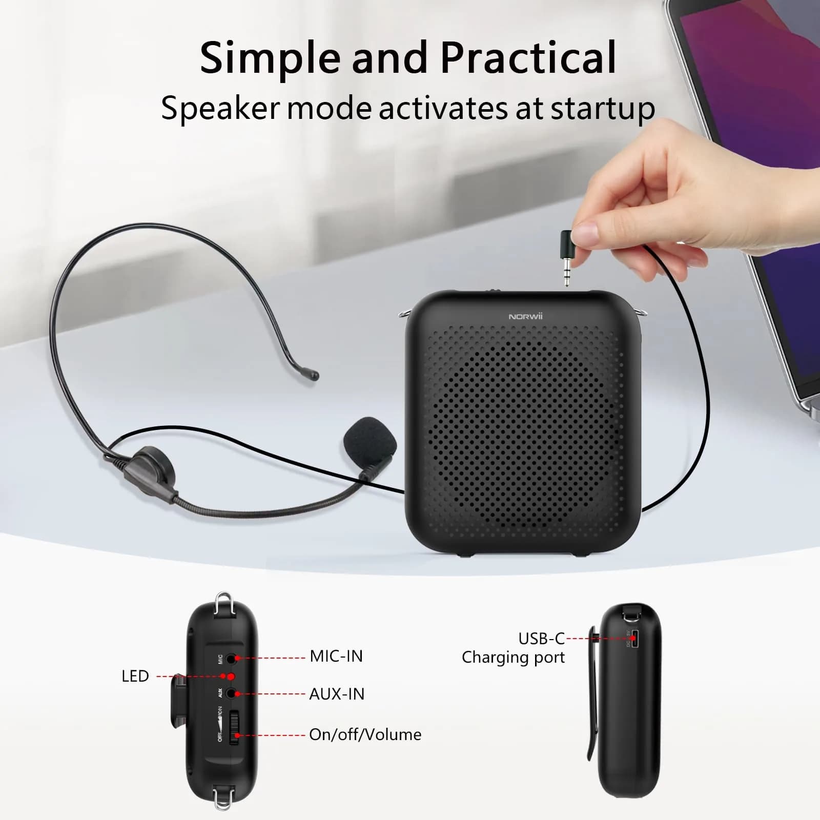 Norwii Portable Voice Amplifier with Wired Headset Microphone | 10W Output, 15-30 Hours Battery - view 7