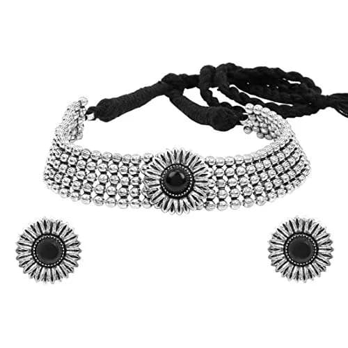 Yellow Chimes Antique Silver Oxidized Floral Charm Necklace Set with Earrings | 40cm Necklace Length thumbnail 1