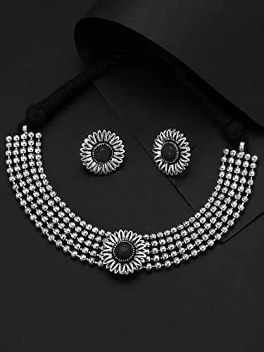 Yellow Chimes Antique Silver Oxidized Floral Charm Necklace Set with Earrings | 40cm Necklace Length thumbnail 7