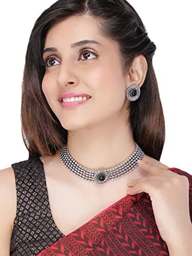 Yellow Chimes Antique Silver Oxidized Floral Charm Necklace Set with Earrings | 40cm Necklace Length thumbnail 2