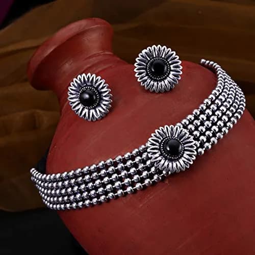 Yellow Chimes Antique Silver Oxidized Floral Charm Necklace Set with Earrings | 40cm Necklace Length thumbnail 3