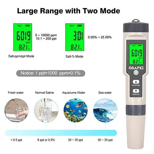 ORAPXI Digital Salinity Tester for Salt Water - Waterproof IP67 Salinity Meter with ATC 0-200ppt | 4-in-1 Meter for Aquariums & Ponds thumbnail 3