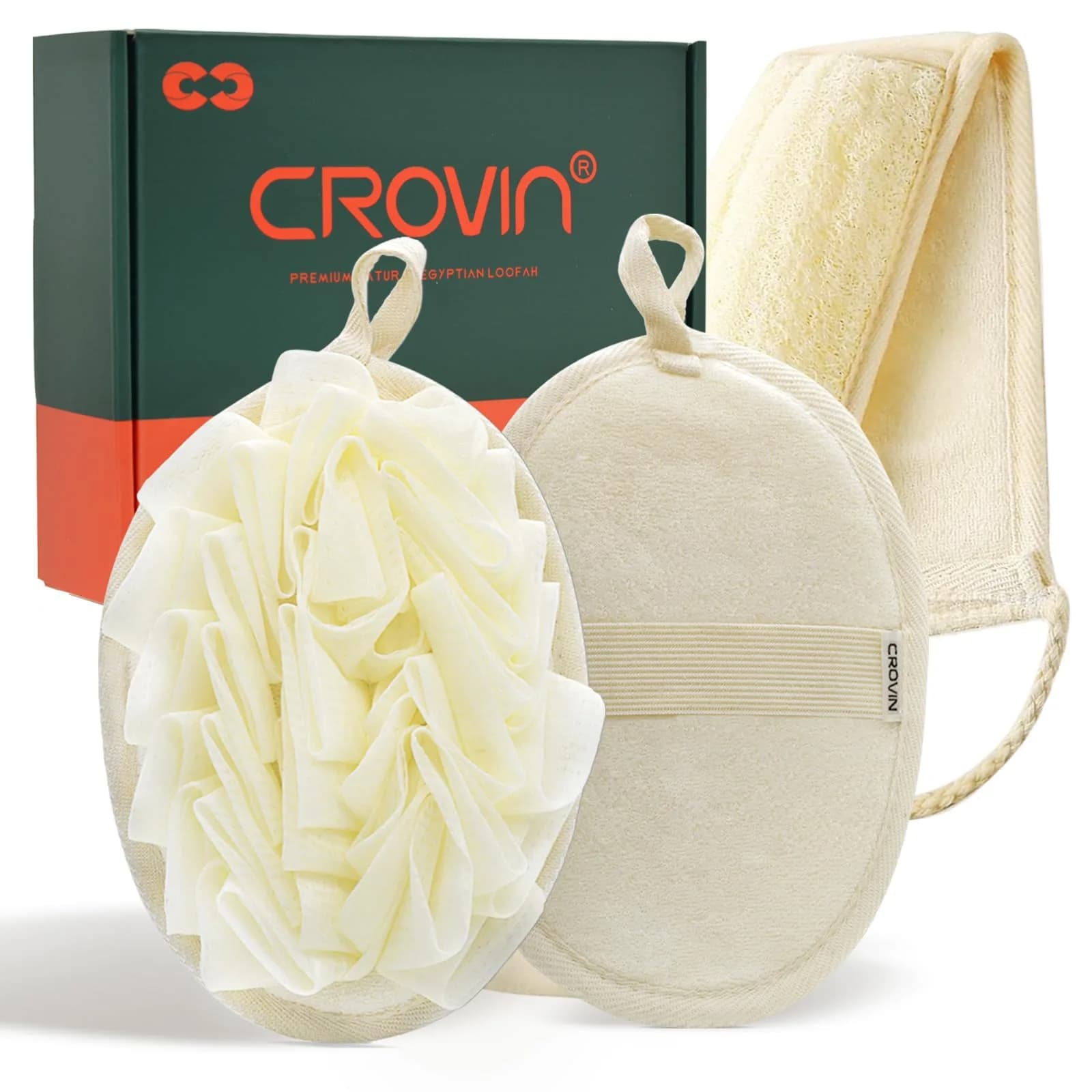 CROVIN Mesh Pouf Body Sponge Set - Redesign Bath Loofahs Shower Puffs 2 Pack & Exfoliating Natural Loofah Back Scrubber (70-120c) — Cream