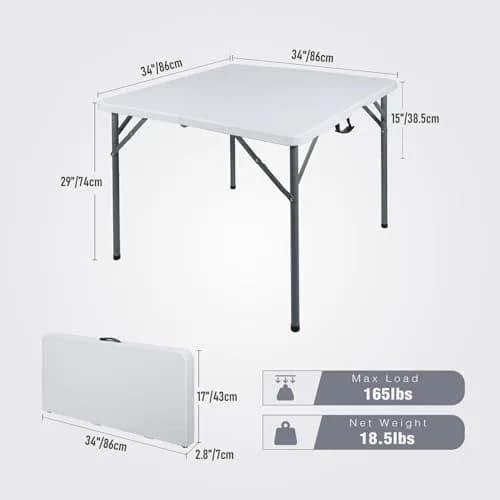 REDCAMP 34" Square Folding Card Table with Resin Top | Portable Indoor Outdoor Use, White thumbnail 2