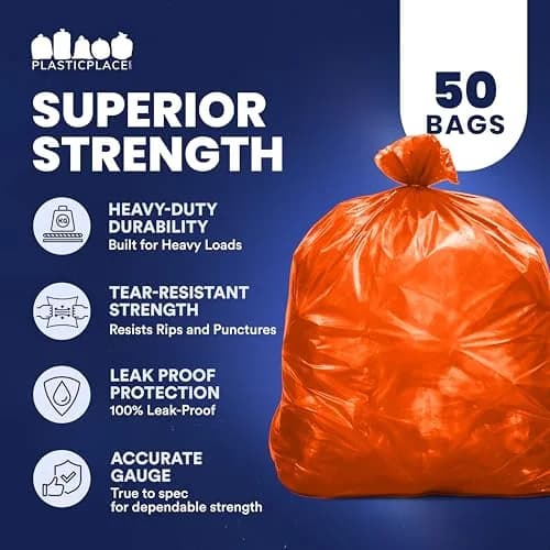 Plasticplace Heavy Duty Trash Bags 55-60 Gallon | 1.2 Mil Thick, Orange, 50 Count thumbnail 5