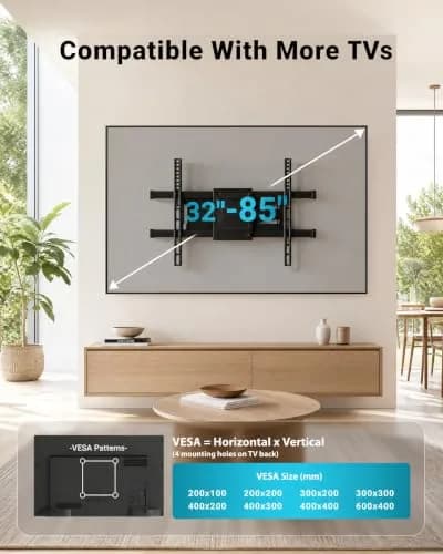 BONTEC Full Motion TV Wall Mount for 37-85 Inch TVs, Heavy Duty Swivel Tilt | Supports 132lbs, VESA 600x400mm, Fits 16" Wood Studs thumbnail 2