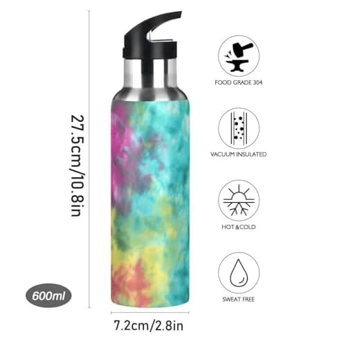 KEPREAL 22 OZ Colorful Tie Dye Pattern Water Bottle with Straw | BPA Free Leakproof Stainless Steel for Fitness & Outdoors thumbnail 2