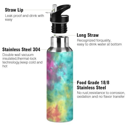 KEPREAL 22 OZ Colorful Tie Dye Pattern Water Bottle with Straw | BPA Free Leakproof Stainless Steel for Fitness & Outdoors thumbnail 3