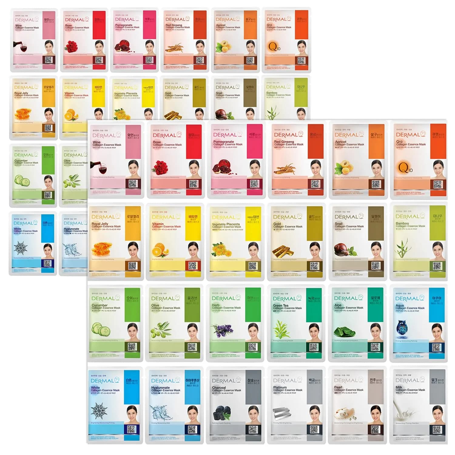 DERMAL 48 Korean Essence Sheet Mask Variety Pack, 48 Masks | 24 Formulas x 2 Each — (24 Double)