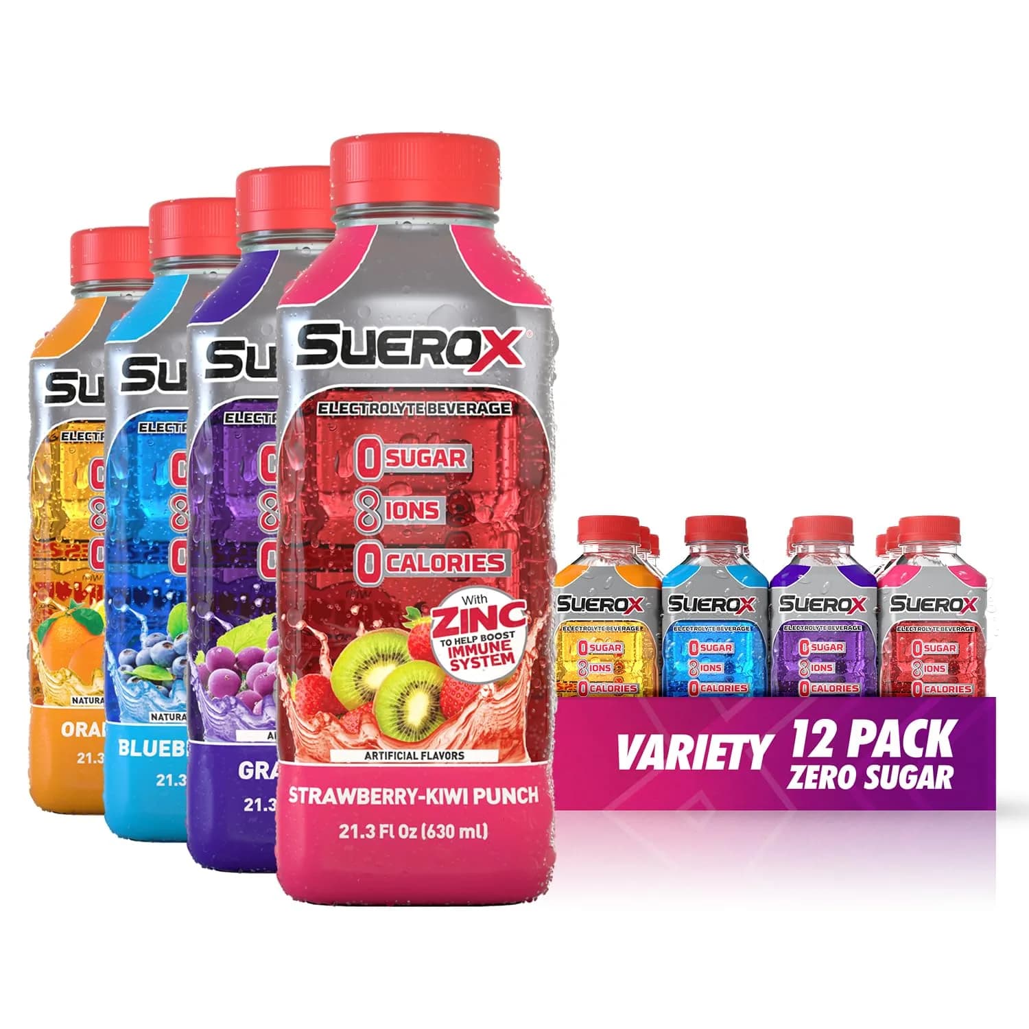 SueroX Sugar Free Electrolyte Drink Variety Pack 12 x 21.3 Fl Oz | Zero Sugar, Hydration & Immune Support
