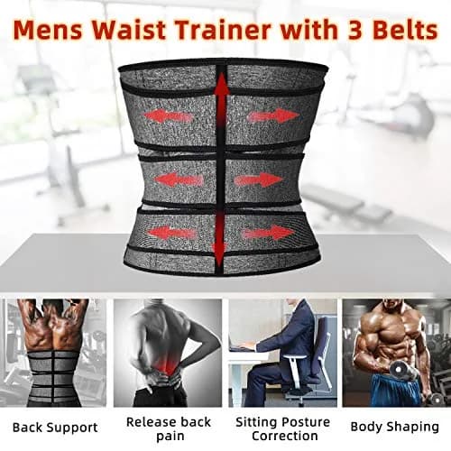 Hidyliu Mens Neoprene Waist Trainer Belt with 3 Belts & 4 Rows Hook | Sweat Sauna Slimming Cincher for Back Support & Posture (Grey, L) thumbnail 5