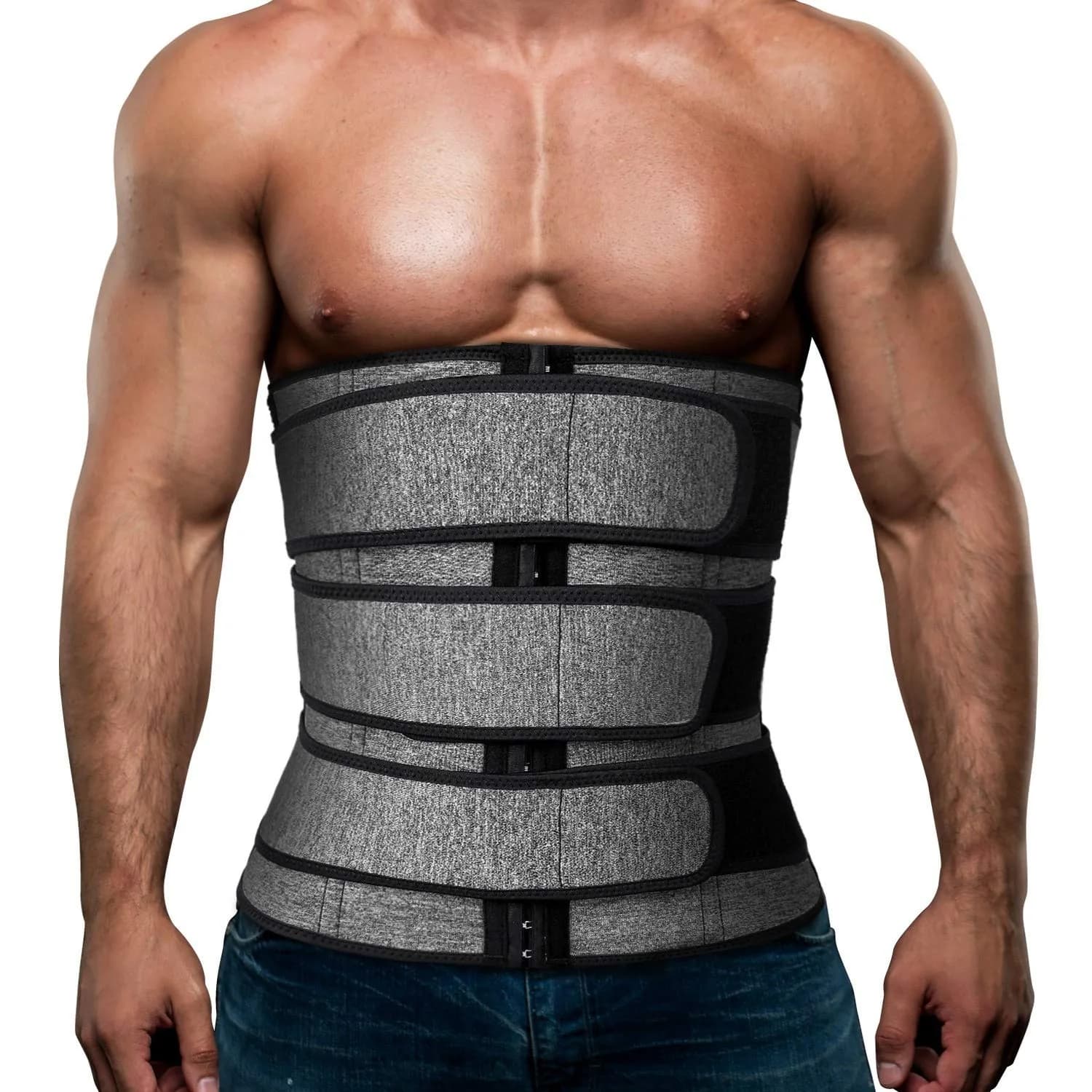 Hidyliu Mens Waist Trainer Neoprene Sauna Sweat Trimmer with 3 Belts & 4 Rows Hook (Grey, 2XL) — Grey Waist Trainer Belt / Small