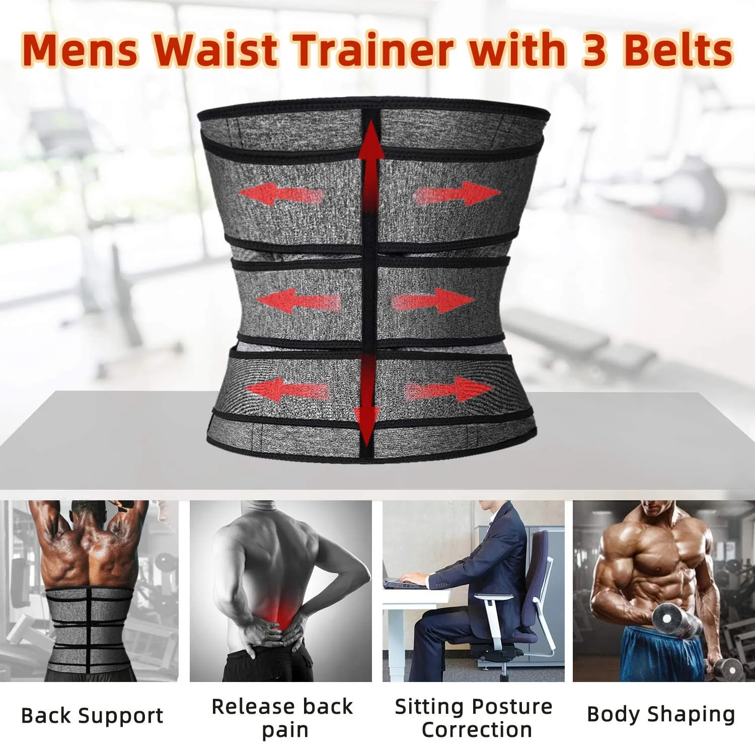 Hidyliu Mens Waist Trainer Neoprene Sauna Sweat Trimmer with 3 Belts & 4 Rows Hook (Grey, 2XL) - view 5
