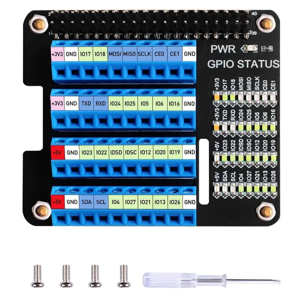 GeeekPi GPIO Screw Terminal Block Breakout Board HAT for Raspberry Pi | GPIO Expansion Module with Status LEDs — Red, Pink, Dark Blue, Light Blue