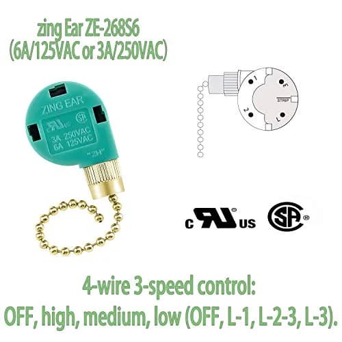 Cenipar ZE-268s6 Gold Pull Chain 3 Speed 4 Wire Fan Switch (2-Pack) | Controls Fan Speed for Lights & Fans thumbnail 5