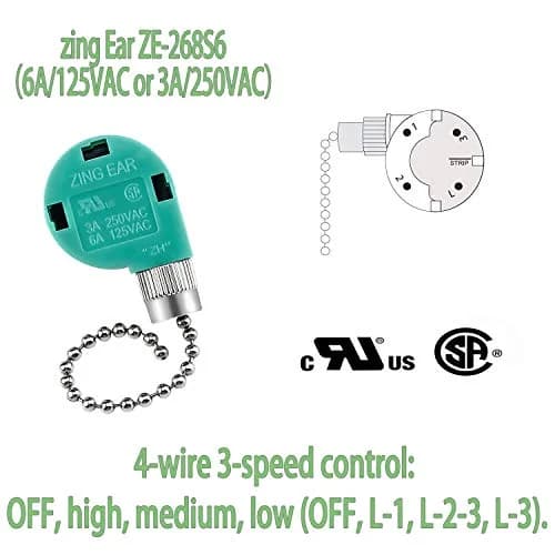 Cenipar ZE-268s6 Ceiling Fan Switch 2 Pack | 3-Speed 4-Wire Pull Chain for Fans & Lights thumbnail 5