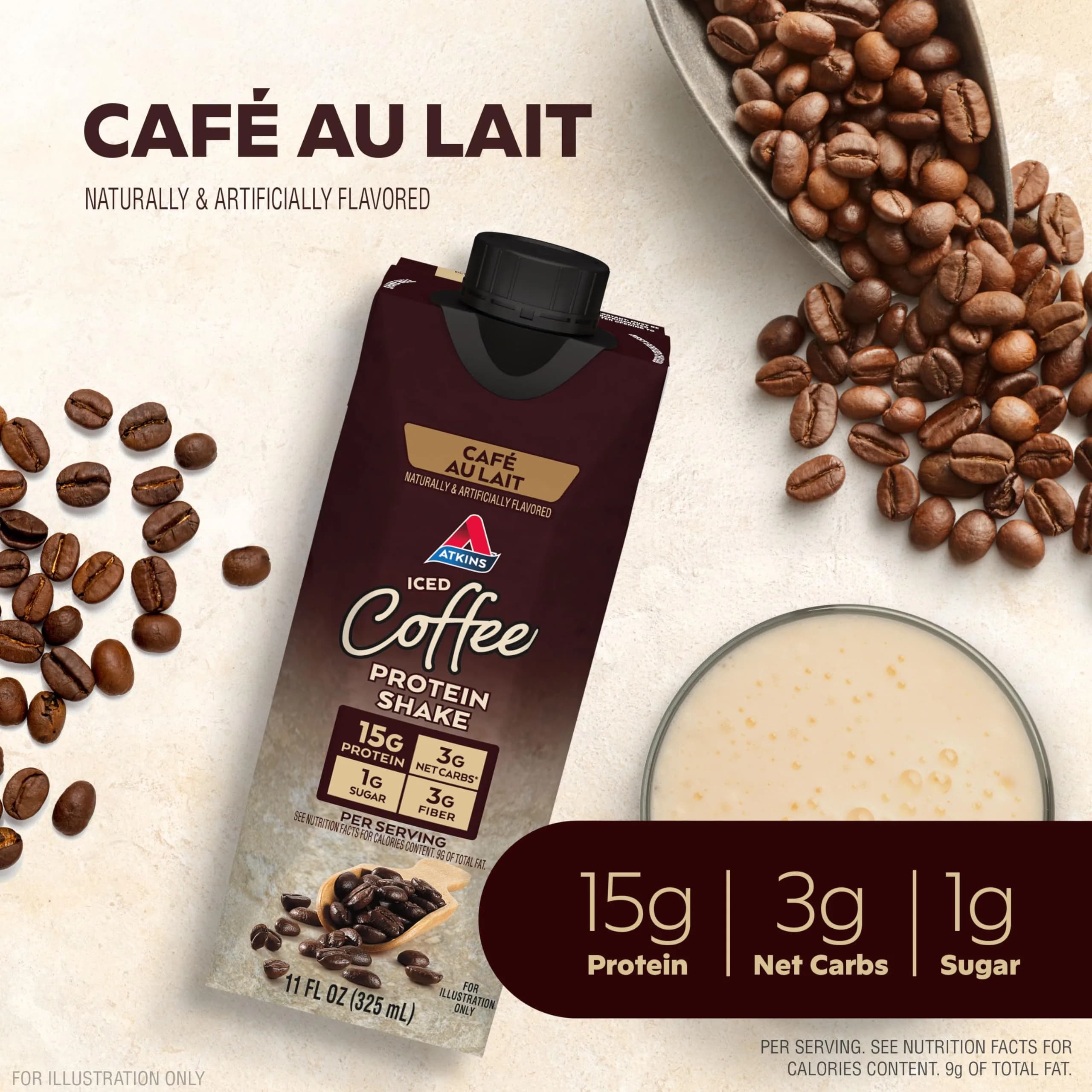 Atkins Café au Lait Iced Coffee Protein Shake, 15g Protein, 4g Net Carb, 1g Sugar, 11 fl oz Bottle - view 2