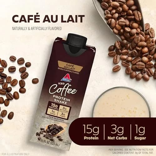Atkins Café au Lait Iced Coffee Protein Shake 15g Protein, 3g Net Carb, 12 Count | Keto Friendly, Gluten Free thumbnail 2
