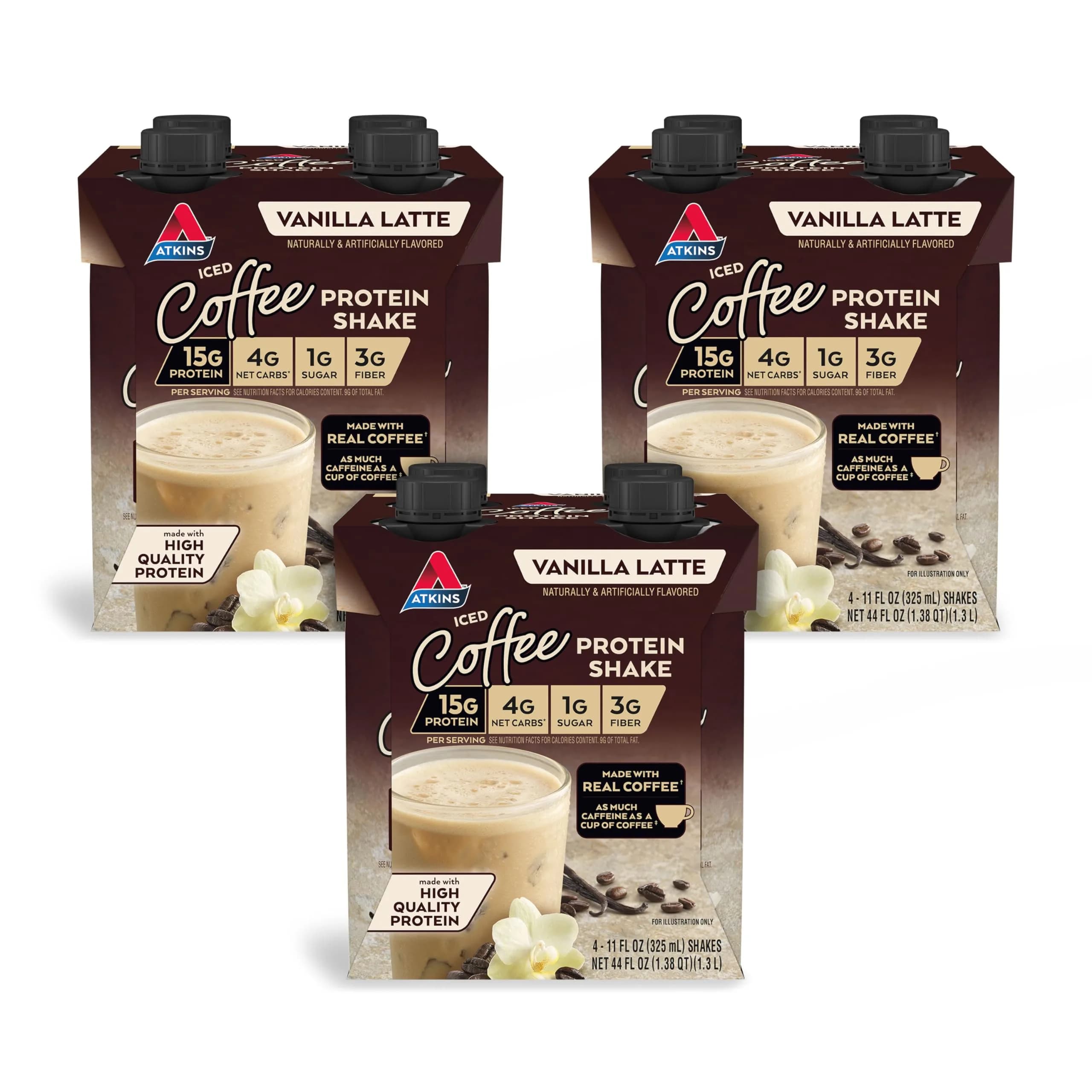 Atkins Vanilla Latte Protein Shake 330ml (11 Fl Oz) | 15g Protein, Gluten-Free, Keto-Friendly - main product image