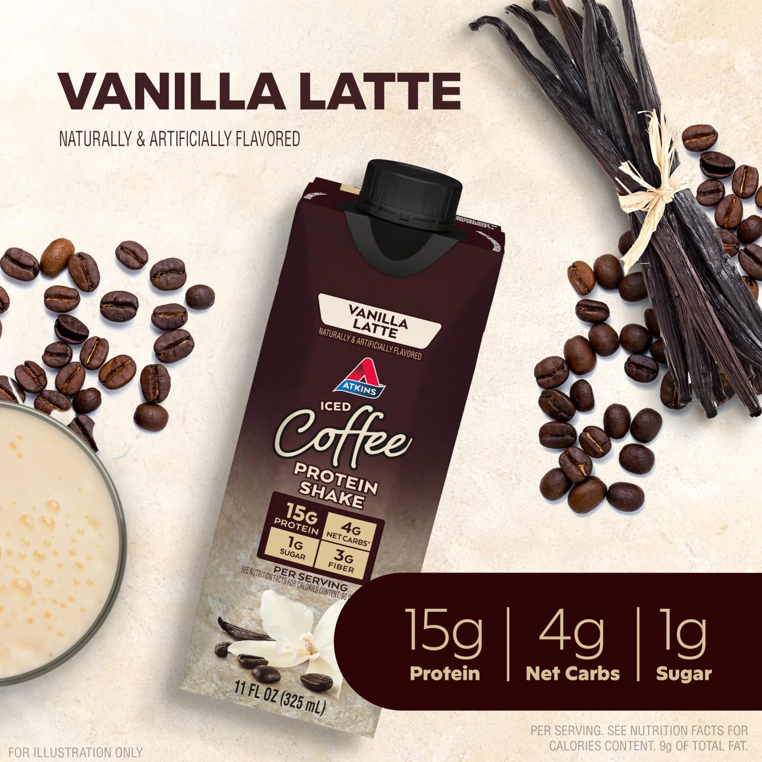 Atkins Vanilla Latte Protein Shake 330ml (11 Fl Oz) | 15g Protein, Gluten-Free, Keto-Friendly - view 2