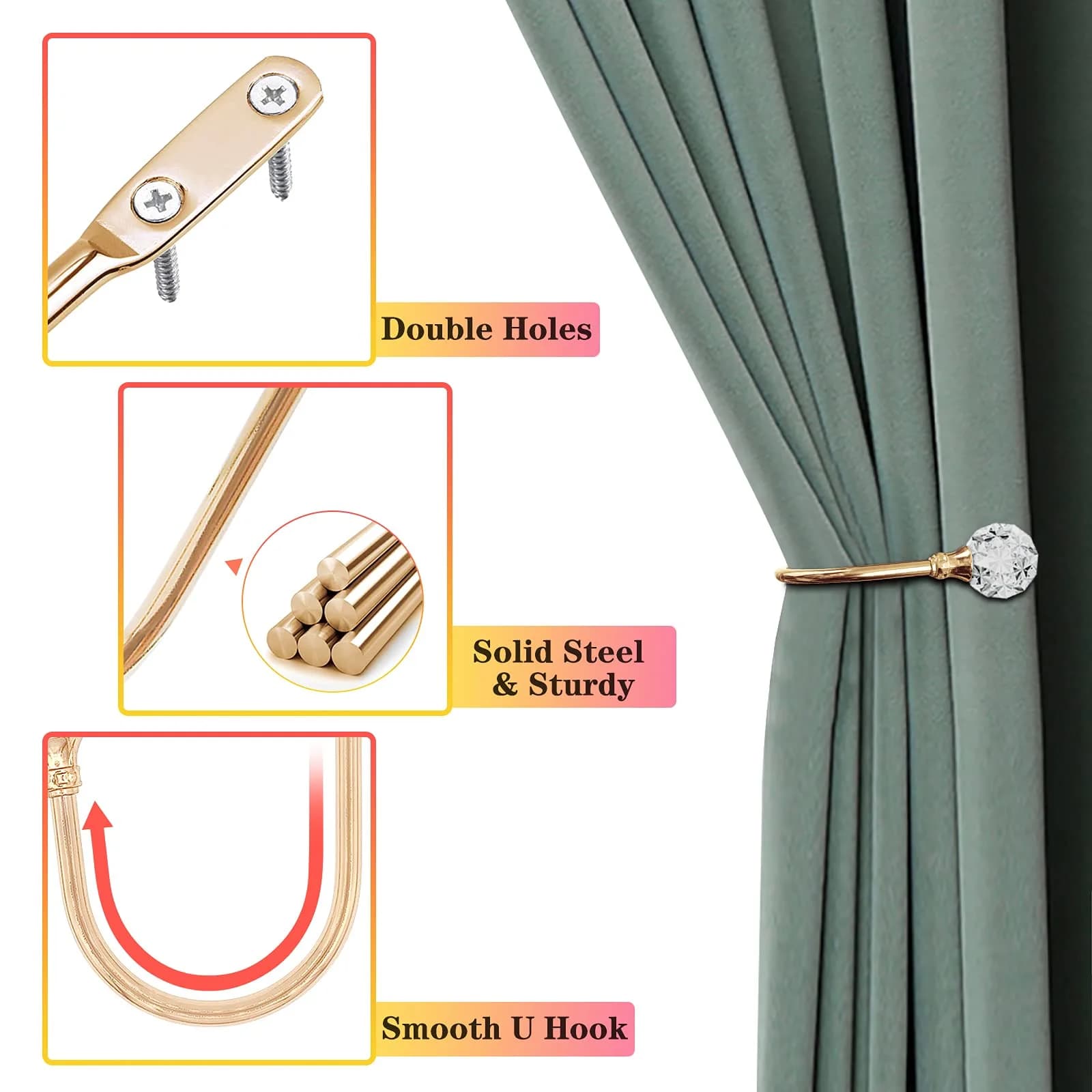 KOLAKO Crystal Curtain Holdbacks Set of 2 — Rose Gold Metal Tieback Hooks with Crystal Ball | 16 cm (6.3 inch) Length - view 5