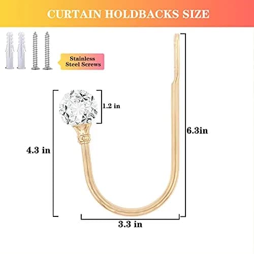 KOLAKO Rose Gold U Shaped Crystal Ball Curtain Holdbacks, 2 Pack Wall Mounted Drapery Hooks - view 2