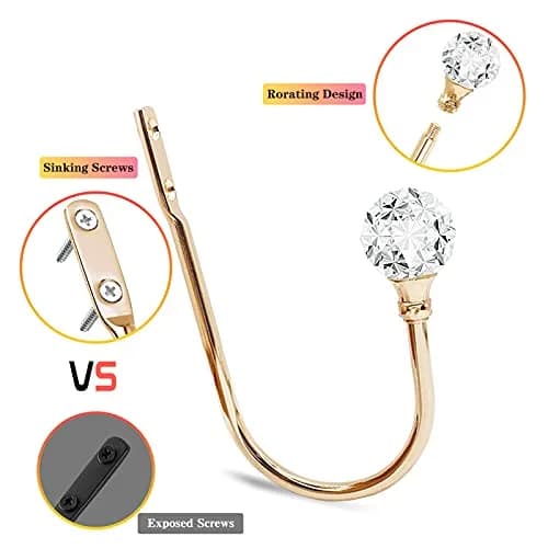KOLAKO Rose Gold U Shaped Crystal Ball Curtain Holdbacks, 2 Pack Wall Mounted Drapery Hooks - view 4