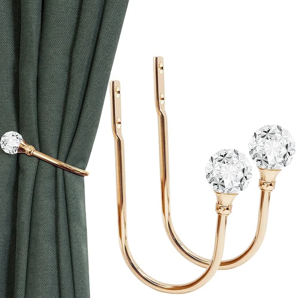 KOLAKO Crystal Ball Curtain Holdbacks, U Shaped Wall Mounted Drapery Hooks with Crystal Ball, 2-Pack Silver — Rose Gold