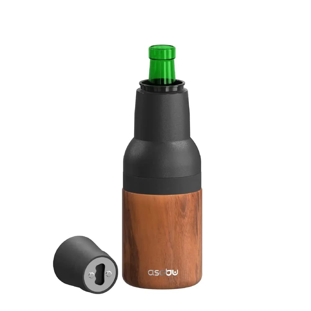 Asobu Frosty Beer Holder 590ml (20 Fl Oz) | Vacuum Insulated Stainless Steel Can & Bottle Cooler with Built-in Opener — Wood