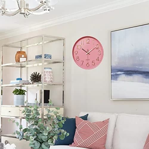 YTAONS 12 in Wall Clock Non-Ticking Quartz Silent Battery Operated Round Clocks (Pink-Rose) | Modern Silent Decor thumbnail 5