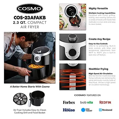 COSMO Air Fryer 2.3 Quart Compact Electric Small Kitchen Appliance with Temperature Control, Timer, Auto Shut-Off, Non-Stick Frying Tray thumbnail 3