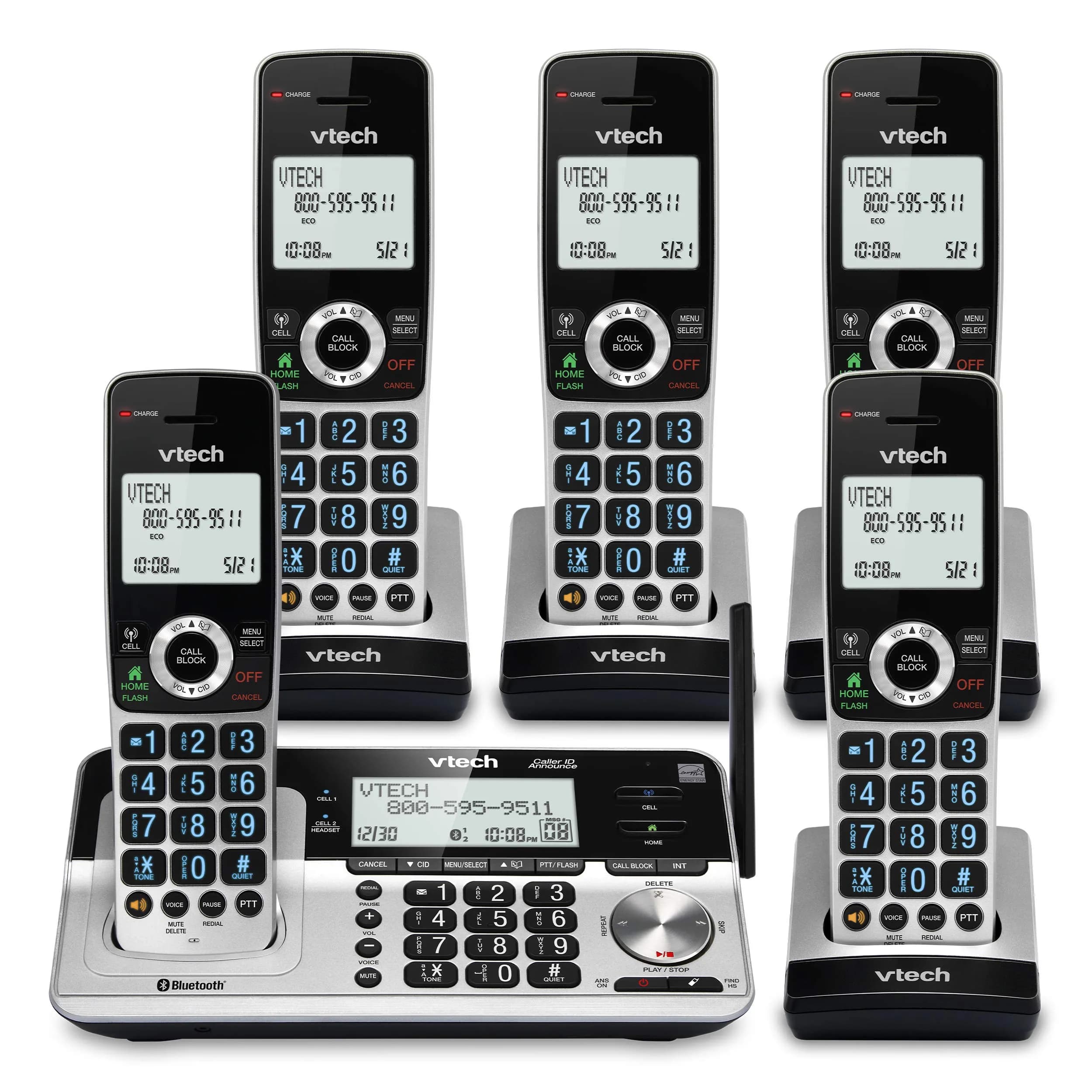 VTech VS113-5 Extended Range 5 Handset Cordless Phone for Home with Call Blocking, Connect to Cell Bluetooth, 2" Backlit Screen, Big Buttons, and Answering System, Silver & Black | Long Range & Call Blocking — VS113-Silver/Black
