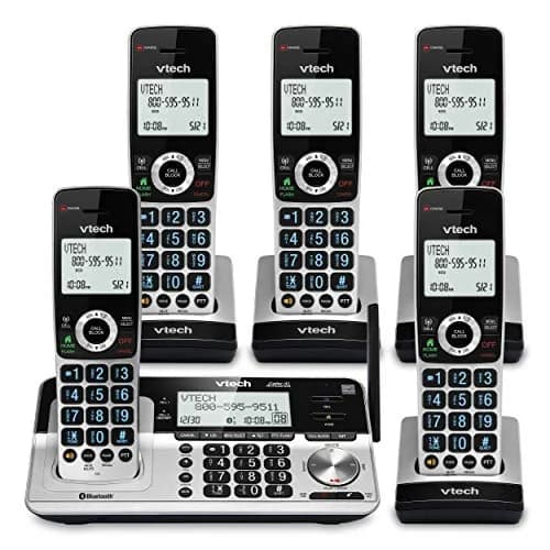 VTech VS113-5 Extended Range 5 Handset Cordless Phone for Home with Call Blocking, Connect to Cell Bluetooth, 2" Backlit Screen, Big Buttons, and Answering System, Silver & Black | Long Range & Call Blocking thumbnail 1