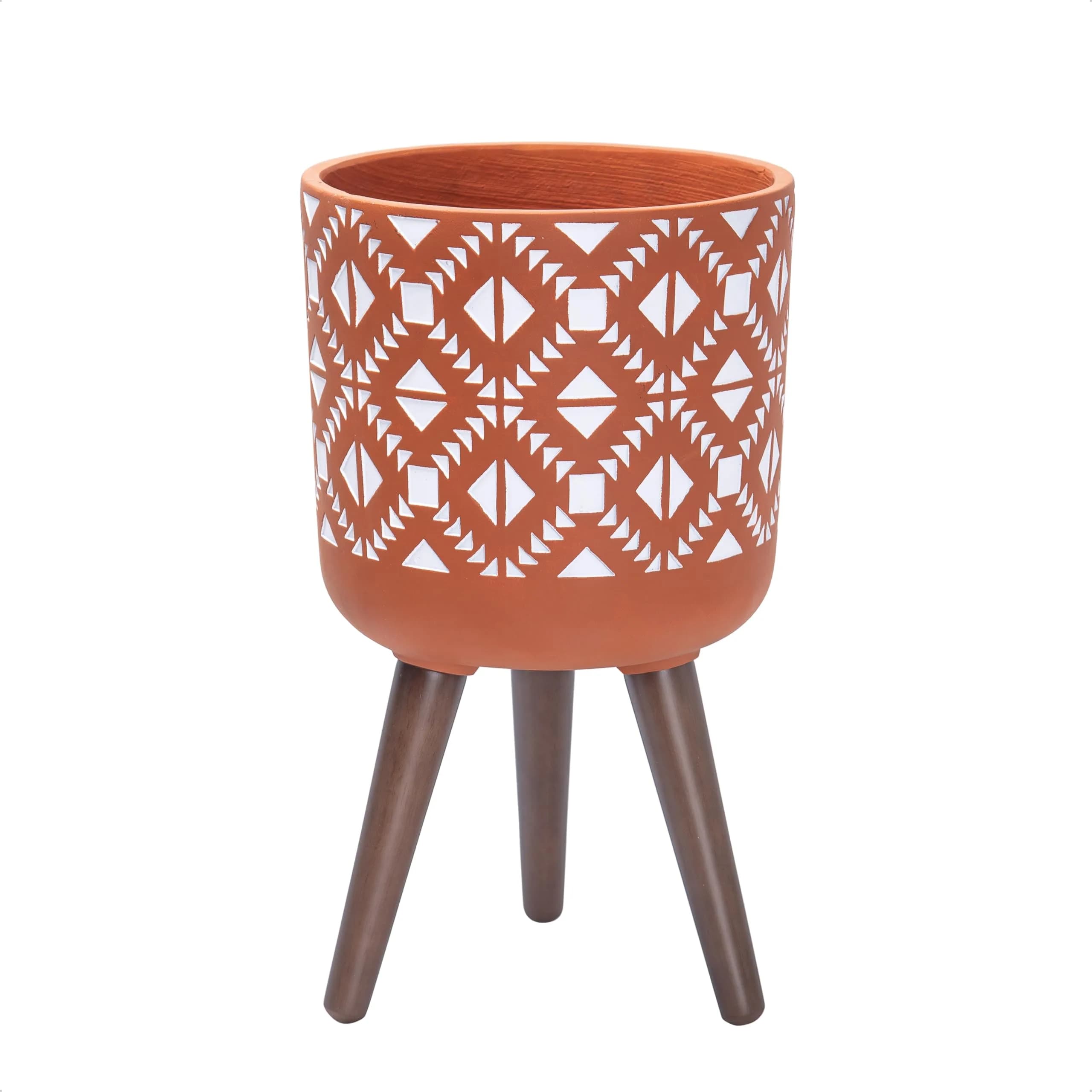 D'vine Dev Planter Pot with Wood Stand, 10 in, Terracotta/White | Mid-Century Modern Indoor Plant Display