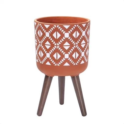 D'vine Dev Planter Pot with Wood Stand, 10 in, Terracotta/White | Mid-Century Modern Indoor Plant Display thumbnail 1