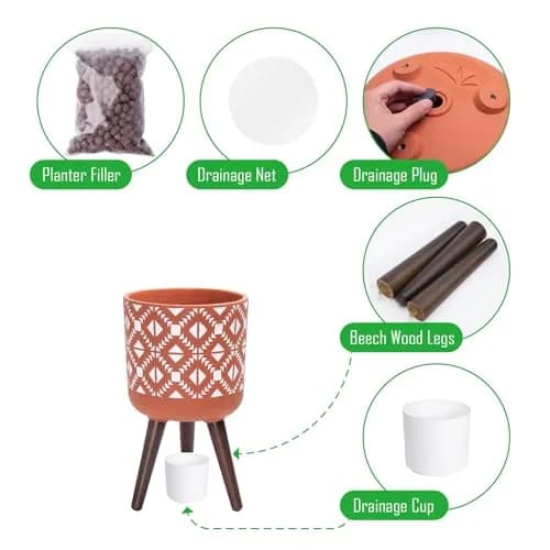 D'vine Dev Planter Pot with Wood Stand, 10 in, Terracotta/White | Mid-Century Modern Indoor Plant Display thumbnail 4