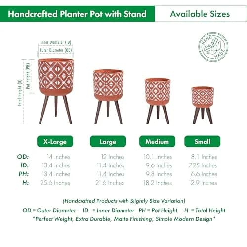 D'vine Dev Planter Pot with Wood Stand, 10 in, Terracotta/White | Mid-Century Modern Indoor Plant Display thumbnail 3