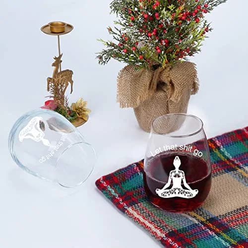 Futtumy Let That Sht Go Stemless Wine Glass 17 Oz | Funny Yoga Gift for Women Her Wife Mom Sister thumbnail 2