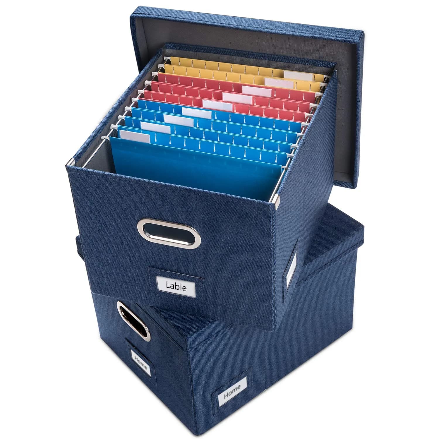 PRANDOM Decorative Linen File Organizer Box with Lid, 39L (17x14x11.2 inch) | Collapsible & Stackable for Letter/Legal Size Files — Navy / without folders