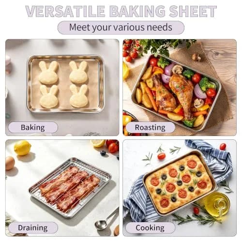 TeamFar Stainless Steel Toaster Oven Pan with Rack Set, 10.5"x 8"x 1" | Durable & Healthy Bakeware for Indian Kitchens thumbnail 6